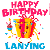 A vibrant and funny gift box character with a happy face dancing with a cupcake and the text 'Happy Birthday Lanying,' surrounded by animated confetti and party vibes.