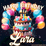 Bright birthday animation for Lara with a chocolate cake, candles, balloons, and glowing celebratory lights.