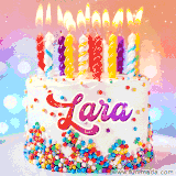 A cheerful white birthday cake with multicolor sprinkles, lit candles, and 'Lara' written in vibrant letters, in an animated GIF.