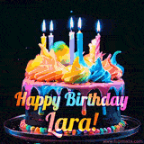 A mesmerizing animated cake with multicolor frosting and candles, and the words 'Happy Birthday Lara' on the black background.