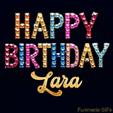 Vibrant luxury birthday greeting card for Lara, showing glittering gemstone letters and golden calligraphy on a dark background with twinkling shine effects.