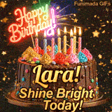 Happy Birthday Lara animated GIF displaying a chocolate drip cake with a glowing neon sign and lit candles.