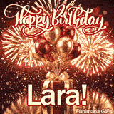 Happy Birthday Lara animated GIF featuring a red present wrapped with a gold ribbon under spectacular fireworks.