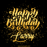 Animated GIF with colorful, festive 'Happy Birthday Larry' text decorated with patterns, a party hat, and falling confetti. A vibrant and cheerful design for birthday celebrations.