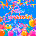A vibrant animated GIF with 'Feliz Cumpleaños Larry' written in colorful script, surrounded by balloons, confetti, and bunting on a bright blue background.