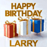 Festive and clean digital birthday greeting for Larry featuring beautifully rendered bouncing presents in red, white, and blue with gold accents