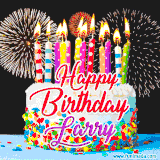 A lively happy birthday animated GIF showcasing a colorful birthday cake covered in sprinkles, topped with glowing candles, and surrounded by vibrant fireworks. The name 'Larry' is featured in elegant script.