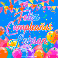 A vibrant animated GIF with 'Feliz Cumpleaños Larson' written in colorful script, surrounded by balloons, confetti, and bunting on a bright blue background.