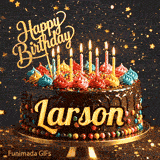 A gourmet chocolate cake on a stand with burning candles and a gold Happy Birthday topper, made for Larson.