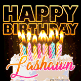 A vibrant animated GIF featuring a delicious birthday cake topped with glowing candles and the name 'Lashawn' in elegant script, and the words 'Happy Birthday' on the black background.