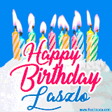 A cheerful animated GIF featuring colorful lit birthday candles on a white cake, with the text 'Happy Birthday Laszlo' in bold red and blue script on a bright blue background.