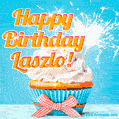A cheerful animated GIF of a cupcake with creamy frosting, a red checkered ribbon, and a bright sparkler on top. The text 'Happy Birthday Laszlo!' is displayed in vibrant orange and red.