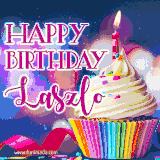 A festive animated GIF featuring a colorful cupcake with a single lit candle, sprinkles, and 'Happy Birthday Laszlo' text against a sparkling, celebratory background.