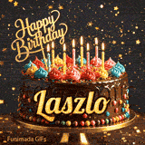Bright colorful icing and burning candles on a chocolate frosted cake on a gold platter, custom-made for Laszlo.