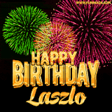 A captivating GIF with bursts of green, pink, and orange fireworks lighting up the night sky, accompanied by 'Happy Birthday Laszlo' in glowing golden text.