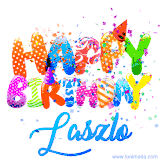 Animated GIF with colorful, festive 'Happy Birthday Laszlo' text decorated with patterns, a party hat, and falling confetti. A vibrant and cheerful design for birthday celebrations.