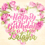 A stunning heart made of pink roses surrounds the elegant script text 'Happy Birthday Latasha' on a soft beige background. Animated sparkles add a magical and festive feel.