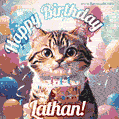 Happy birthday gif for Lathan with cat and cake