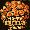 Beautiful bouquet of orange and red roses for Laura, golden inscription and twinkling stars
