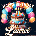 Hand-drawn happy birthday cake adorned with an arch of colorful balloons - name GIF for Laurel