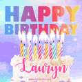 Animated Happy Birthday Cake with Name Lauryn and Burning Candles