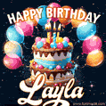 Hand-drawn happy birthday cake adorned with an arch of colorful balloons - name GIF for Layla
