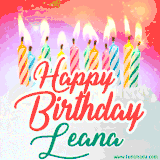 Bright birthday candles with rainbow flames on a cake, alongside the text 'Happy Birthday Leana' in vibrant script in this celebratory animated GIF.
