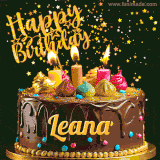 A delightful chocolate birthday cake with bright candles and 'Happy Birthday Leana' written in gold amidst a shower of animated stars.
