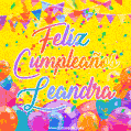 A bright and festive GIF with the text 'Feliz Cumpleaños Leandra' in Spanish in colorful fonts, surrounded by confetti, balloons, and festive banners on a vibrant yellow background.