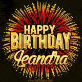 Golden 'Happy Birthday Leandra' text accompanied by animated rainbow fireworks for a festive animated greeting.