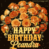 Animated bouquet of orange roses with moving butterfles and golden 'Happy Birthday Leandra' text, surrounded by sparkling accents and a dark backdrop for a luxurious feel.