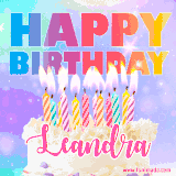 A vibrant animated name GIF with the words 'Happy Birthday Leandra' with colorful candles on a creamy cake. The background sparkles with pastel shades, adding a festive touch.