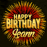Golden 'Happy Birthday Leann' text accompanied by animated rainbow fireworks for a festive animated greeting.