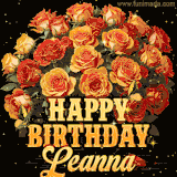 Animated bouquet of orange roses with moving butterfles and golden 'Happy Birthday Leanna' text, surrounded by sparkling accents and a dark backdrop for a luxurious feel.