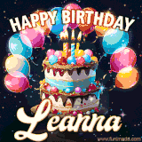 Bright birthday animation for Leanna with a chocolate cake, candles, balloons, and glowing celebratory lights.