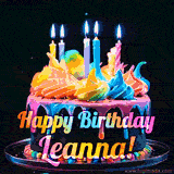 A mesmerizing animated cake with multicolor frosting and candles, and the words 'Happy Birthday Leanna' on the black background.