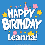 Colorful animated birthday card with the text 'HAPPY BIRTHDAY Leanna!' in a white playful font surrounded by stars, hearts, and a party hat on a blue background.