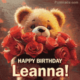 Cinematic style cute animated teddy bear with charming features holding a large bouquet of red roses, the words say 'Happy Birthday Leanna' in sans serif font.