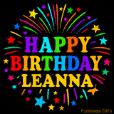 Personalized greeting card with name, colorful text that says 'Happy Birthday Leanna' surrounded by animated fireworks and multicolor stars