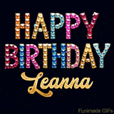 Vibrant luxury birthday greeting card for Leanna, showing glittering gemstone letters and golden calligraphy on a dark background with twinkling shine effects.