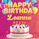 Pink-themed animated greeting with balloons, confetti, and a frosted cake under the message 'Happy Birthday Leanna' in bold rounded yellow font.