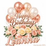 Classy Happy Birthday Leanna looping GIF with pastel balloons and greenery