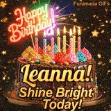 Yellow script spelling the name Leanna! on a classic chocolate cake under a glowing pink neon Happy Birthday sign.
