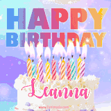 A vibrant animated name GIF with the words 'Happy Birthday Leanna' with colorful candles on a creamy cake. The background sparkles with pastel shades, adding a festive touch.