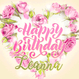 A stunning heart made of pink roses surrounds the elegant script text 'Happy Birthday Leanna' on a soft beige background. Animated sparkles add a magical and festive feel.