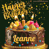 A delightful chocolate birthday cake with bright candles and 'Happy Birthday Leanne' written in gold amidst a shower of animated stars.