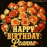 Animated bouquet of orange roses with moving butterfles and golden 'Happy Birthday Leanne' text, surrounded by sparkling accents and a dark backdrop for a luxurious feel.