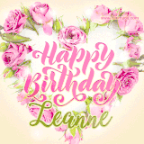 A stunning heart made of pink roses surrounds the elegant script text 'Happy Birthday Leanne' on a soft beige background. Animated sparkles add a magical and festive feel.