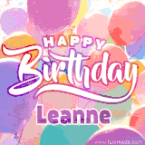 A vibrant name GIF featuring colorful balloons in shades of pink, orange, and yellow with the bold text 'Happy Birthday Leanne' in festive fonts, creating a lively birthday vibe.