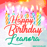 Bright birthday candles with rainbow flames on a cake, alongside the text 'Happy Birthday Leanora' in vibrant script in this celebratory animated GIF.